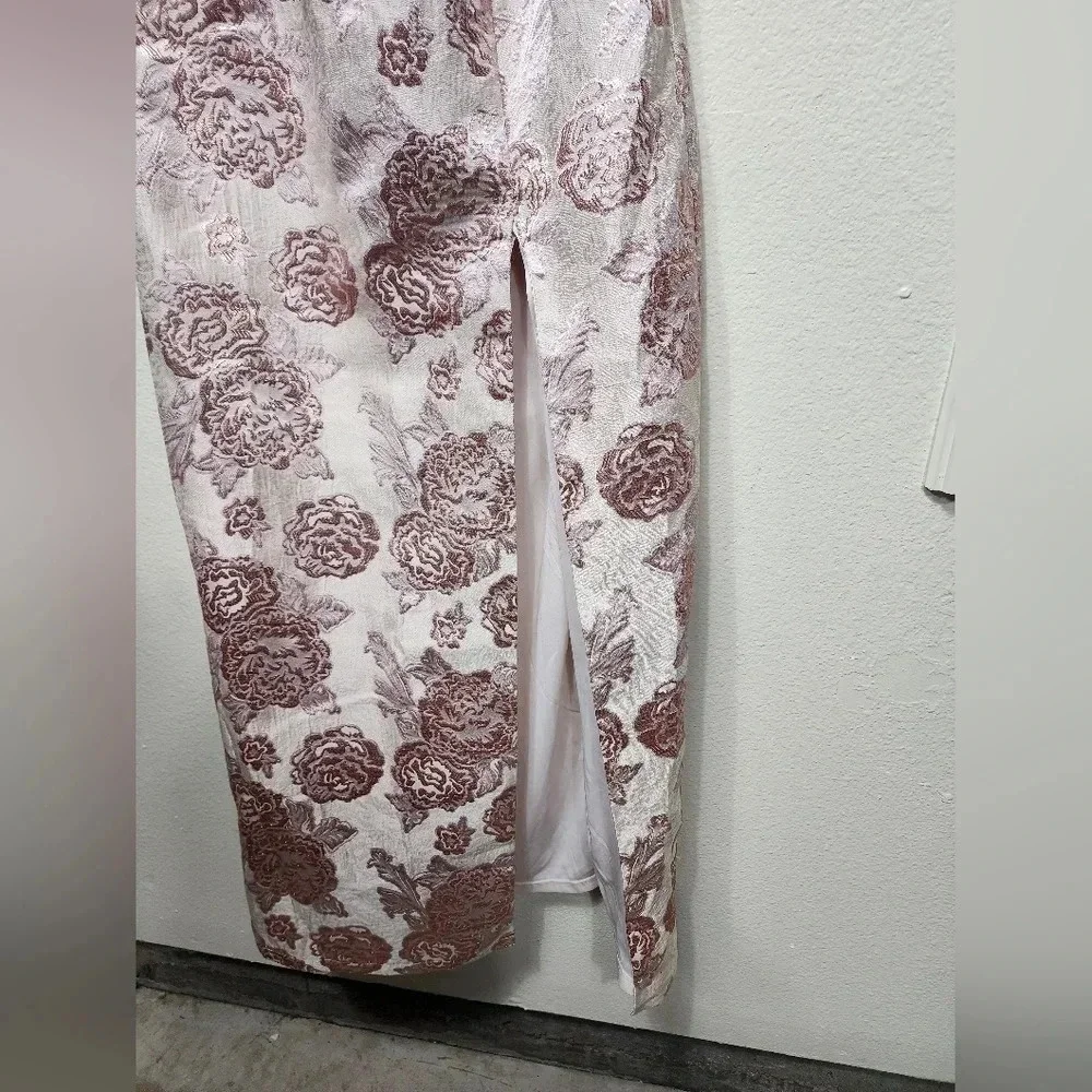 Lulus Redefine Regal Pale Pink Floral Jacquard Strapless Maxi Dress XS Wedding